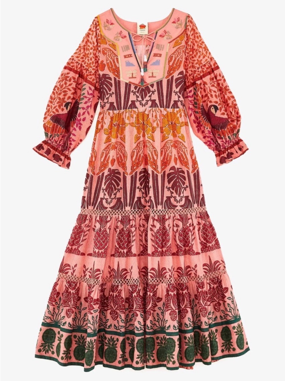 FARM Rio Anika Maxi Dress Pink and Coral Print with Embroidered Neckline - Small - Picture 3 of 7